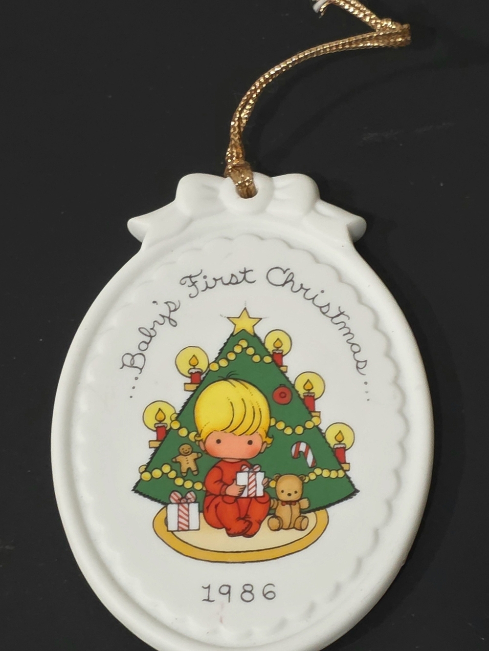 Precious Moments Baby's First Christmas 1986 White Porcelain Ornament